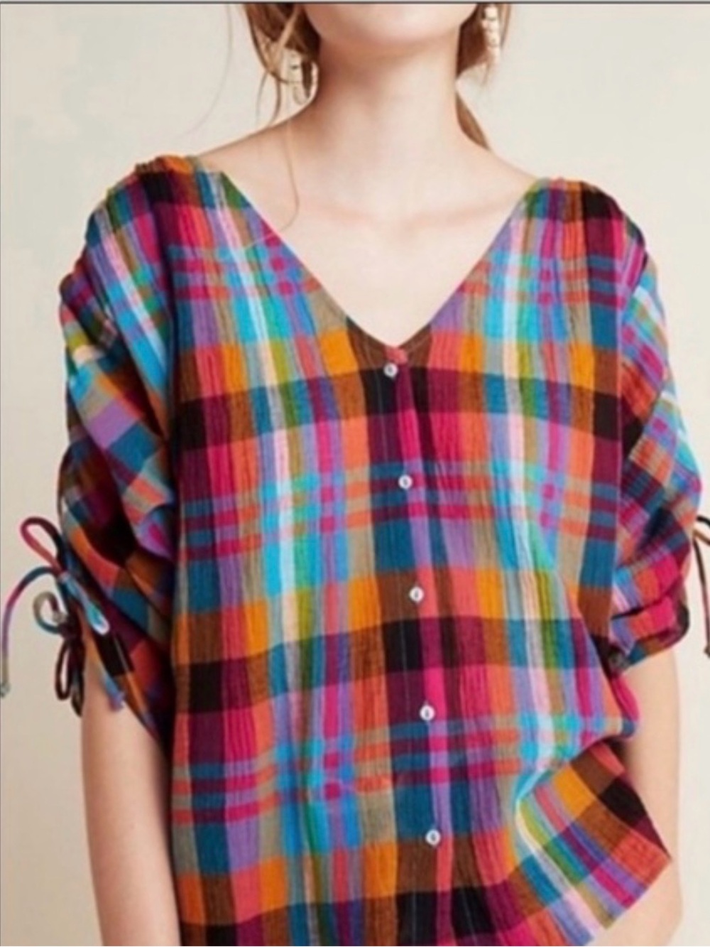 Anthropologie Bright Multicolor Plaid Button-Down V-Neck Top
